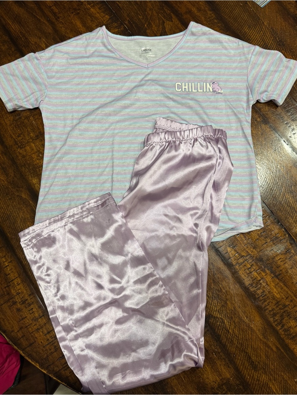 Justice Lilac Striped 'Chillin' Pajama Set with Satin Lavender Pants